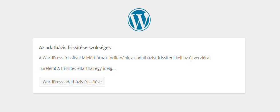 A képen a WordPress adatbázis frissítésének panelja látható.